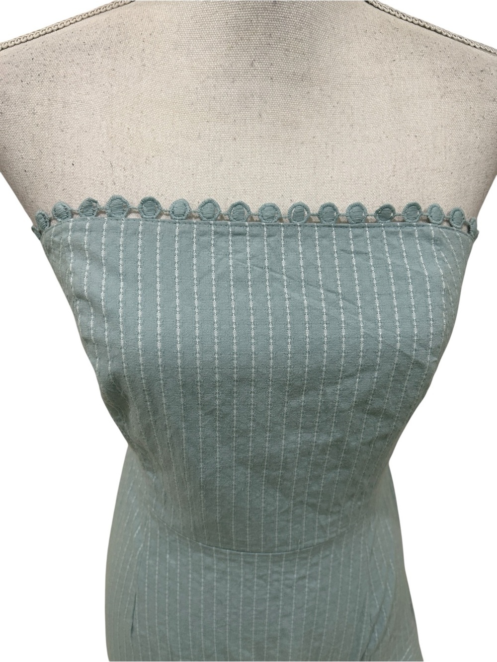 NWT Simplee Strapless Mint-Blue Pinstripe mini Dress back tie Pom Pom sz large - Picture 5 of 9
